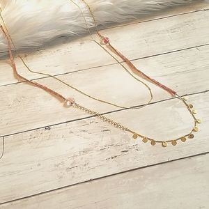 Multi Strand 18 KGP Chain & Pink Quartz Woven Necklace